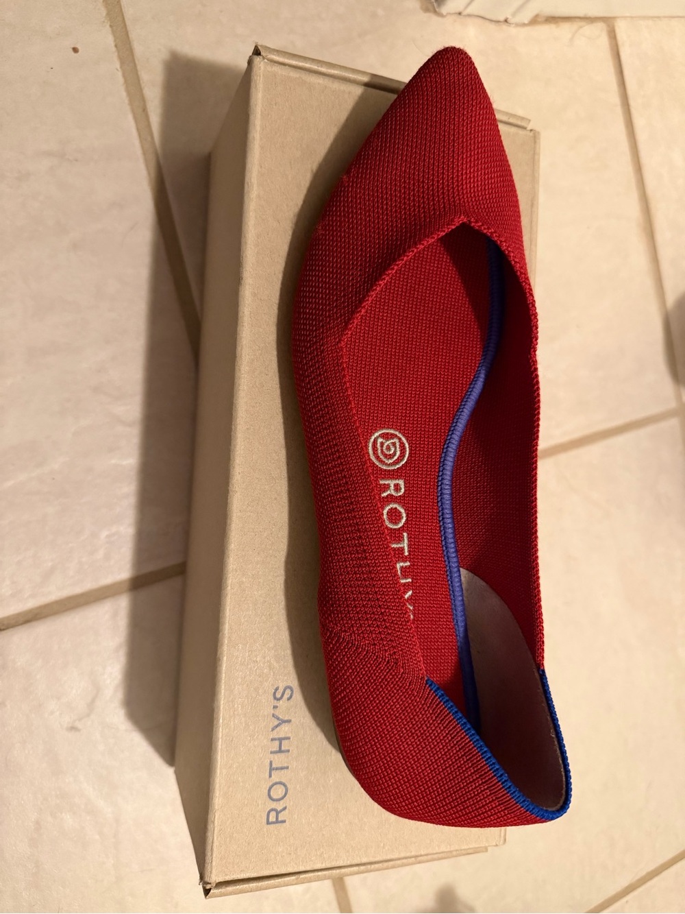 Rothy's Red Pointed Knit Flat with Blue Trim